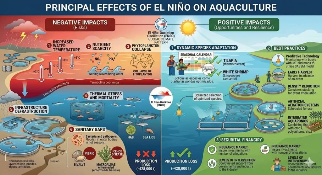 Main impacts of the El Niño Event on the aquaculture industry. Image prepared by Gemini.