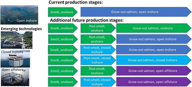 Tecnologías actuales y probables para la producción del salmón de cultivo. Fuente: Afewerki et al., (2022).