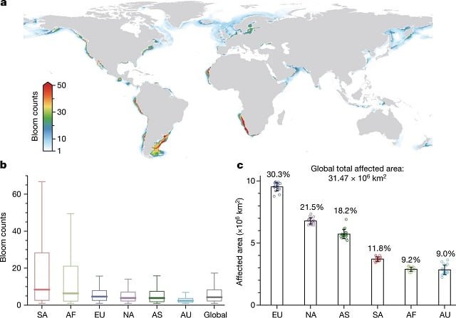 Algal blooms have spread and intensified in the last two decades 1 A global model of coastal phytoplankton blooms between 2003 and 2020. Source: Dai et al. (2023)