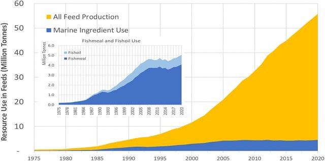 Estimated feed production for all fed aquaculture species sector from 1975 to 2020, with concurrent marine ingredient use across the aquaculture sector. Source: Glencross et al., (2023)