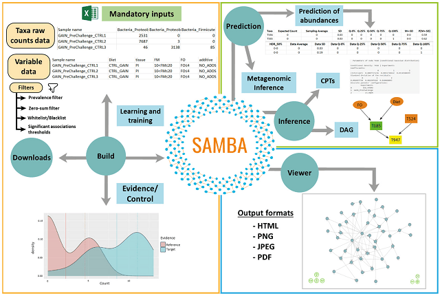 Descripción gráfica de las funciones y paneles de interfaz en cada módulo de SAMBA. Los círculos verdes representan módulos y los cuadrados azules representan interfaces. Fuente: Soriano et al., (2023)