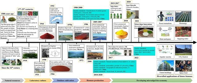 Hitos en la biotecnología de microalgas y el cultivo a gran escala: de los recursos naturales a la producción industrial de biomasa y sus diversas aplicaciones. Source: Qin et al., (2023)