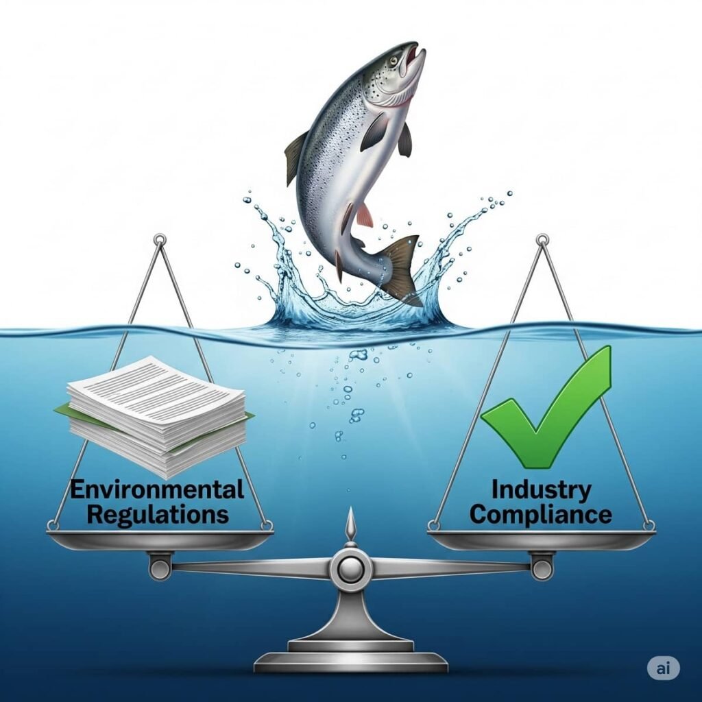 El crecimiento sostenible en la industria del salmón se logra cuando existe un equilibrio perfecto entre la rigurosidad de las regulaciones ambientales y el fiel cumplimiento de estas por parte de los productores. Elaborado por Gemini.