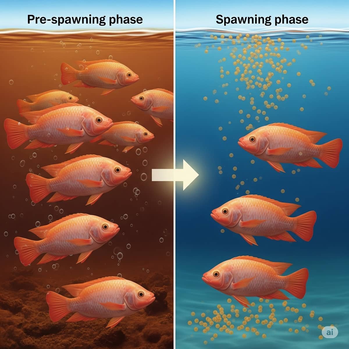 La aplicación por fases —usando biofloc para acondicionar y agua clara para desovar— maximiza la eficiencia reproductiva y la salud de los reproductores de tilapia roja. Imagen elaborada por Gemini.