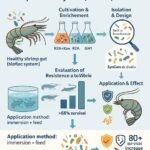 Probióticos de nueva generación: cómo construir una "súper-comunidad" bacteriana para proteger al camarón del Vibrio La infografía referencial que muestra de forma clara y visual el proceso de creación de comunidades microbianas sintéticas (SynComs) a partir del intestino de camarones saludables para proteger Penaeus vannamei contra Vibrio parahaemolyticus (AHPND). Elaborado con Copilot.