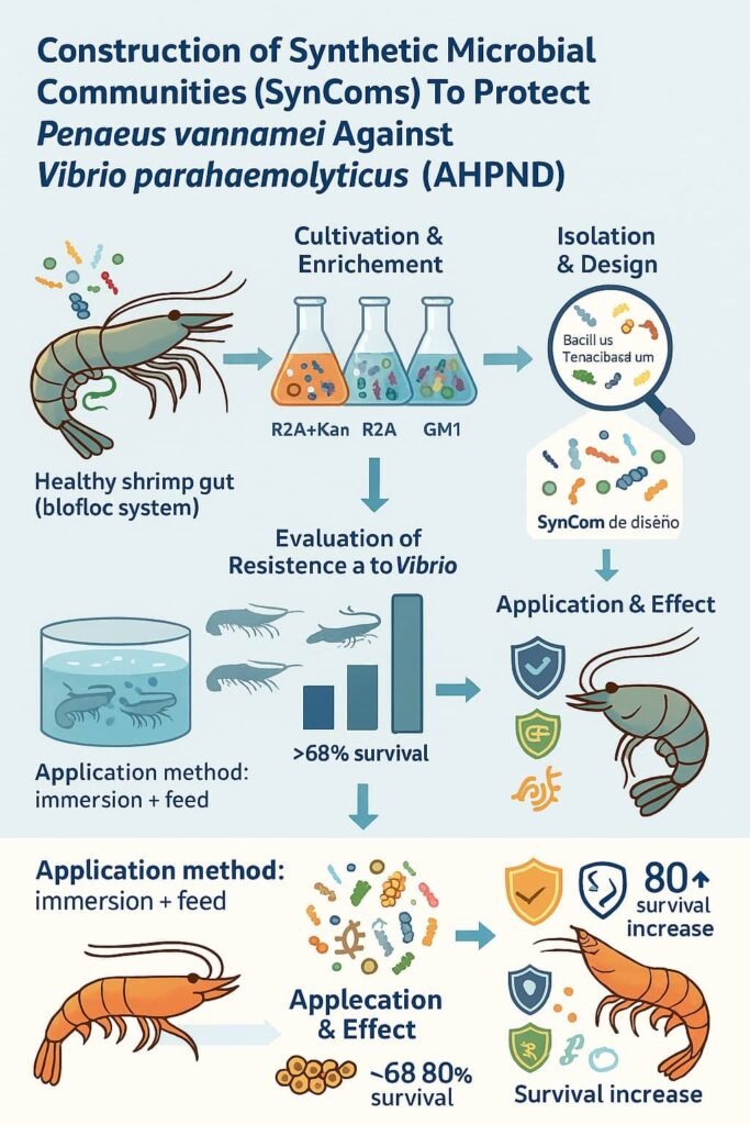 La infografía referencial que muestra de forma clara y visual el proceso de creación de comunidades microbianas sintéticas (SynComs) a partir del intestino de camarones saludables para proteger Penaeus vannamei contra Vibrio parahaemolyticus (AHPND). Elaborado con Copilot.