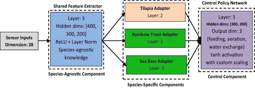 Arquitectura de red neuronal modular para el aprendizaje por transferencia entre especies, que muestra la separación entre componentes agnósticos y específicos de cada especie. Fuente: Alnemari et al. (2025); Aquacult Int 33, 564.