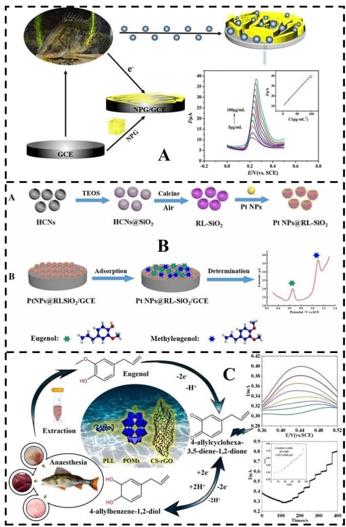 Detección electroquímica de anestésicos para la pesca. Fuente: Jia et al. (2025); Foods, 14(22), 3928.