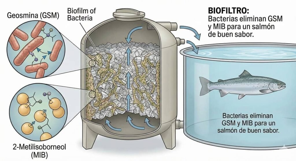 Microbioma de los biofiltros es importante para reducir los metabolitos del "mal sabor" en los RAS. Imagen generada por Nanobanana.