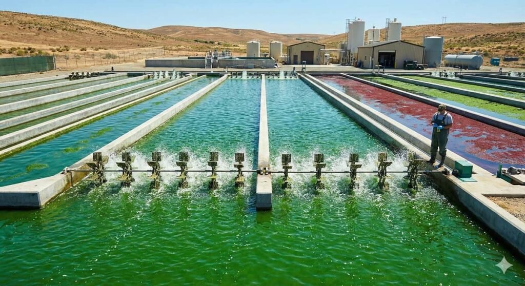 Estanque para el cultivo de microalgas en sistema abierto. Imagen generada por Nanobanana.