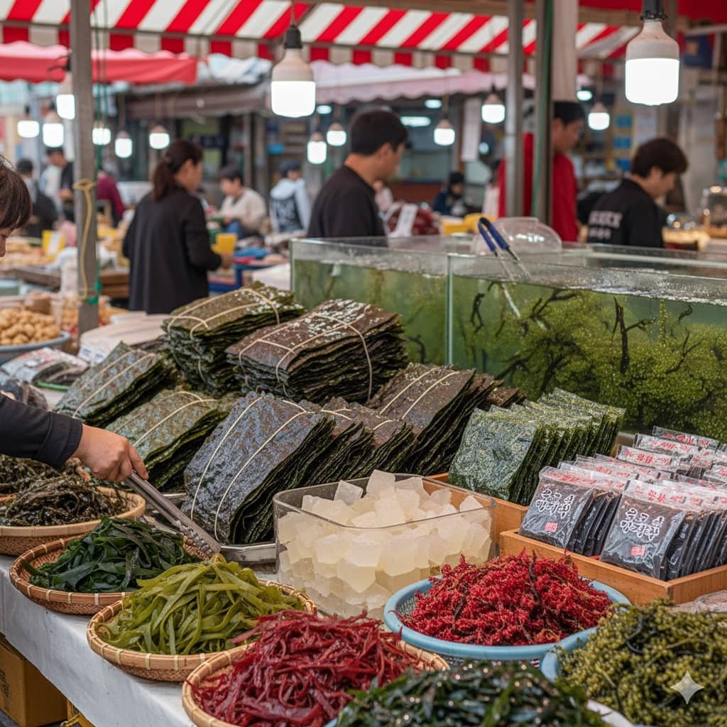 Comercio de ventas de algas secas en los mercados de Corea del Sur. Imagen generada por Nanobanana.