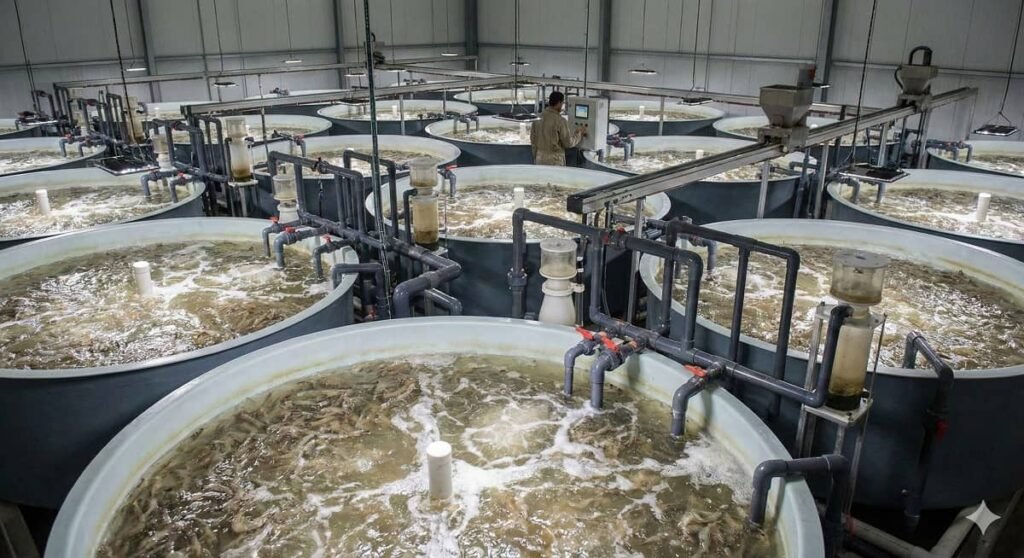 Recirculating Aquaculture Systems (RAS) for super-intensive shrimp cultivation. Image generated by nanobanana.