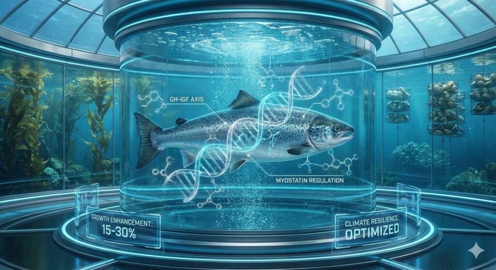 Manipulating Molecular Networks for Sustainable Aquaculture Development. Image generated by Gemini.