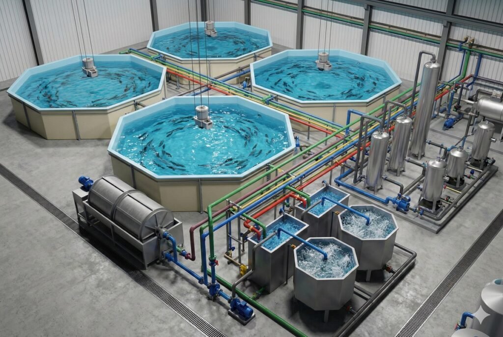 Recirculating Aquaculture Systems (RAS). Developed with Nanobanana.