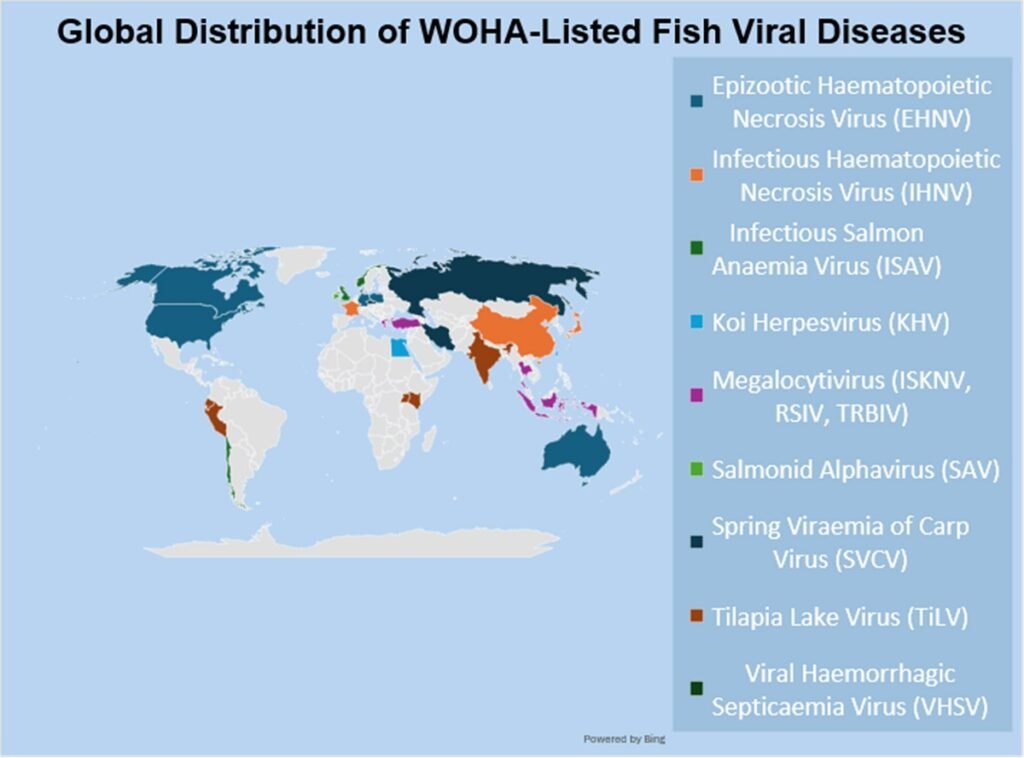 Distribución mundial de enfermedades virales de los peces incluidas en la WOHA. Fuente: Kurapati et al. (2026). Reviews in Aquaculture, 18, 270129.