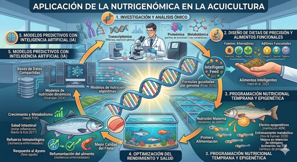 Infografía detallada sobre nutrigenómica en acuicultura: desde el análisis ómico y dietas de precisión hasta la programación larvaria y modelos de inteligencia artificial para optimizar la salud y el crecimiento de peces y camarones.