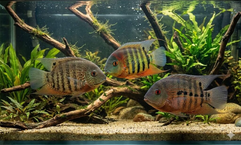 Diverse Severum Cichlid Varieties. Powered by Gemini.