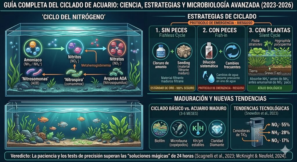Infografía del ciclado de acuario. Imagen elaborada con Gemini.