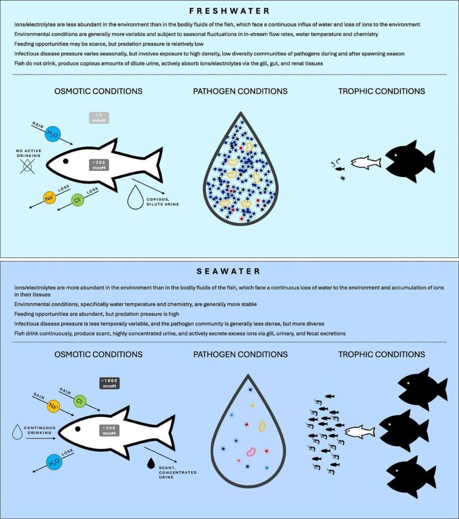 Resumen de las diferencias ambientales entre el agua dulce y el agua de mar, y las estrategias osmorreguladoras de los peces que habitan en estos entornos. Algunas imágenes fueron creadas por panji y MdMoniruzzaman, bajo licencia CC BY 3.0, y están disponibles gracias a la colaboración de The Noun Project. Fuente: Trushenski et al. (2026), North American Journal of Aquaculture.