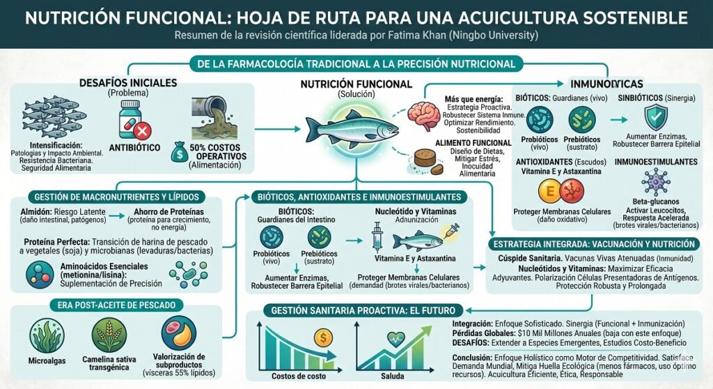 Infografía que resume las tendencias en la nutrición funcional de las especies acuícolas. Elaborado por Gemini.