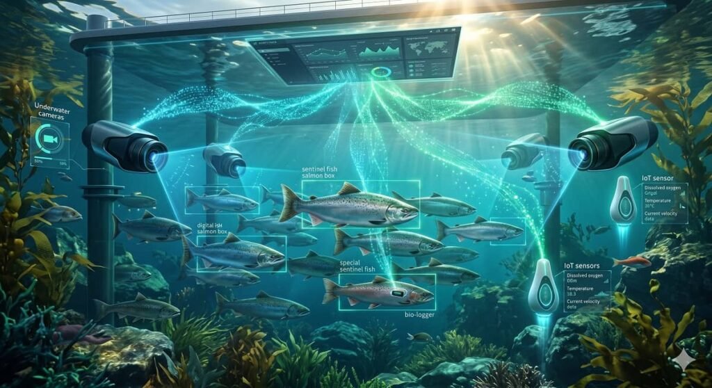 Las herramientas de Inteligencia Artificial facilitan el monitoreo del Bienestar Positivo en la industria de la acuicultura. Imagen generada por Gemini.