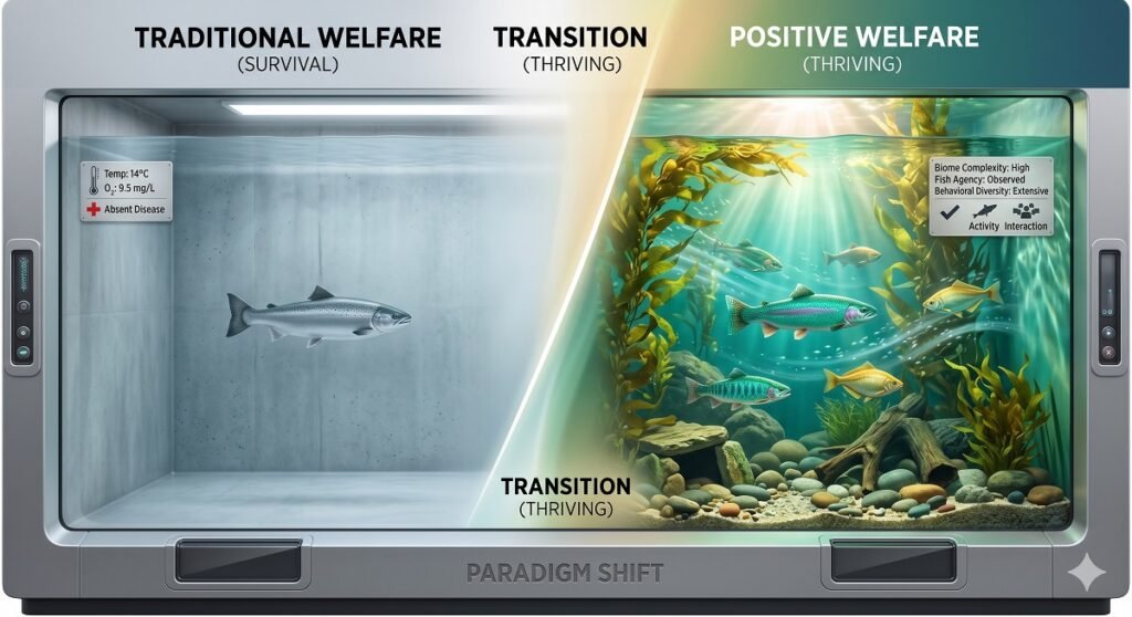 La transición del bienestar animal al bienestar positivo en la industria de la acuicultura. Imagen elaborada por Gemini.