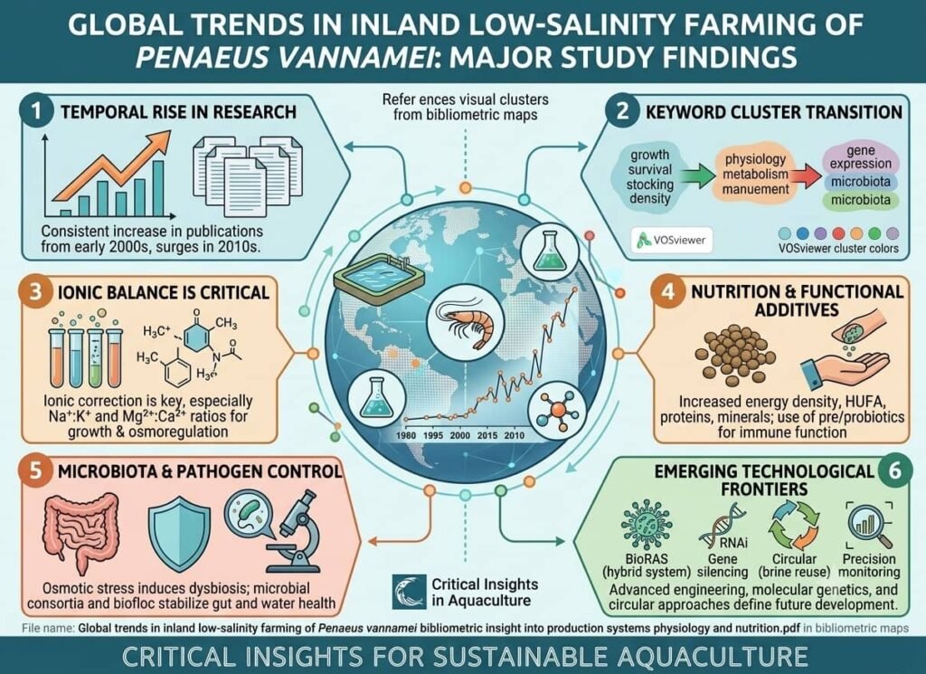 Key findings from the study on low-salinity shrimp aquaculture. Infographic developed by Gemini.