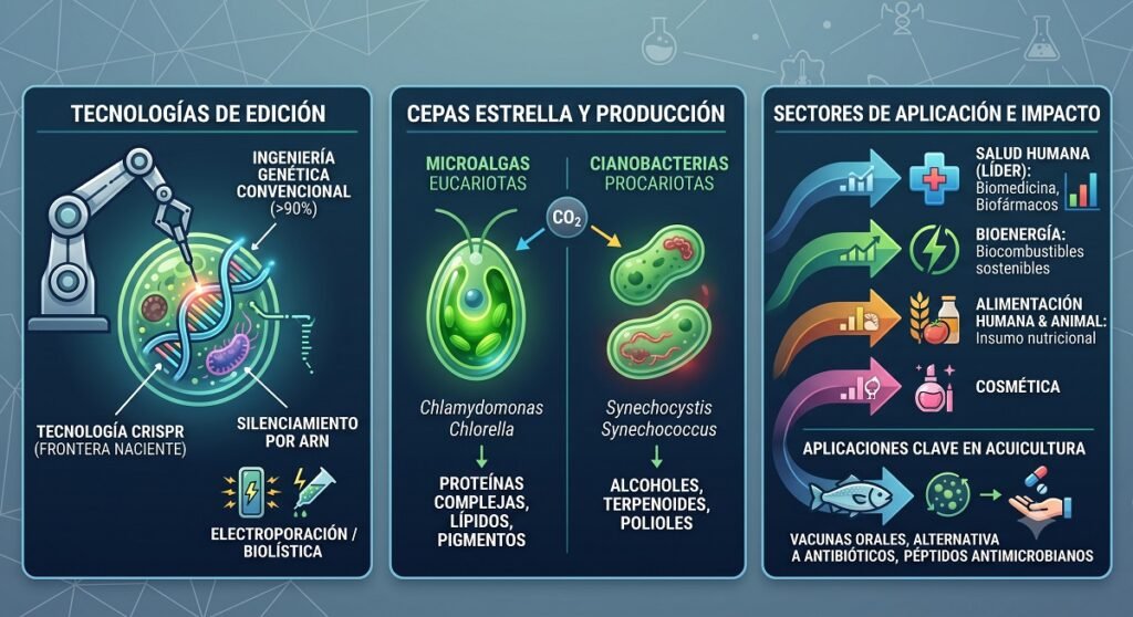 Avances en la edición genómica de las microalgas y sus aplicaciones industriales y en la acuicultura. Imagen elaborada por Gemini.