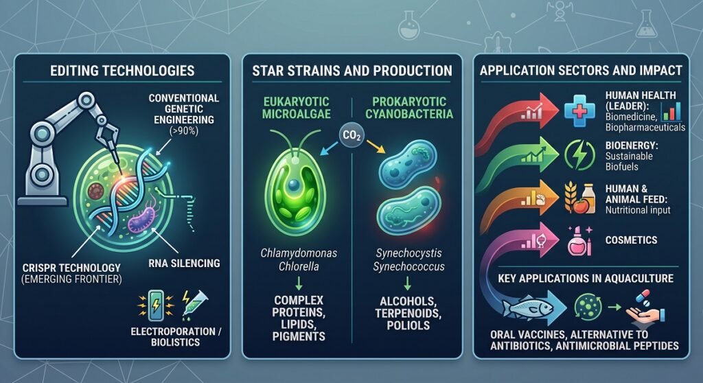 Advances in microalgae genome editing and its industrial and aquaculture applications. Image created by Gemini.