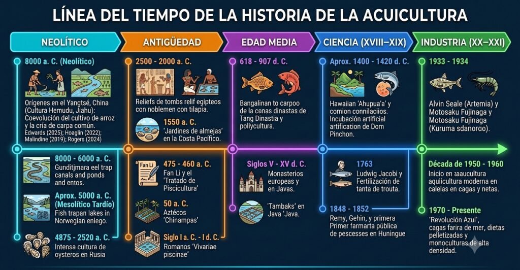 Línea de tiempo de la historia de la acuicultura. Elaborado por Gemini.