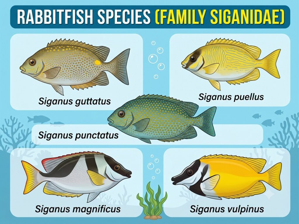 Educational infographic titled "RABBITFISH SPECIES (FAMILY SIGANIDAE)" featuring five panels on a soft blue marine-themed background. Each panel illustrates a unique rabbitfish species with its scientific name in italics below: Siganus guttatus (with its distinct golden spot), Siganus puellus (showing yellow vertical stripes and a black eye-stripe), Siganus punctatus (covered in fine light-blue spots), Siganus magnificus (characterized by a white body, red-tipped dorsal fin, and black head stripe), and Siganus vulpinus (the classic vibrant yellow foxface rabbitfish).