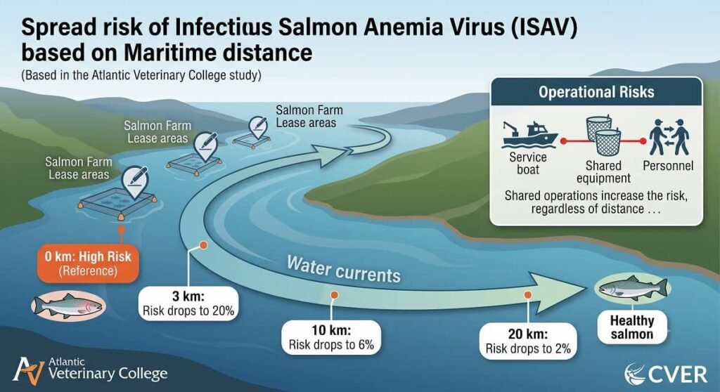 Esta infografía ilustra los hallazgos clave del estudio del Atlantic Veterinary College sobre el riesgo de propagación del virus ISAV en la salmonicultura. Muestra un fiordo costero con varias concesiones de centros de cultivo (con iconos de jaulas). Una gran flecha curvada representa la corriente de agua que fluye entre dos centros. A lo largo de esta ruta de la corriente, marcadores de porcentaje claros indican cómo cae el riesgo a medida que aumenta la distancia marítima: '0 km: Riesgo Alto (Referencia)', '3 km: El riesgo cae al 20%', '10 km: El riesgo cae al 6%', y '20 km: El riesgo cae al 2%'. Un icono de un salmón con branquias pálidas (enfermo) se encuentra cerca de la marca de 0 km, y un icono de un salmón sano está cerca de la marca de 20 km. En un panel separado a un lado, titulado 'Riesgos Operativos', iconos muestran una lancha de servicio, equipo compartido (redes) y personal moviéndose entre centros, con una línea de alerta roja que los conecta, enfatizando que las operaciones compartidas aumentan el riesgo independientemente de la distancia marítima. El estilo general es limpio, académico pero atractivo, utilizando azules, verdes y naranjas de acento, con etiquetas de texto blanco claro. Los logos del Atlantic Veterinary College y del CVER están integrados sutilmente en la parte inferior.