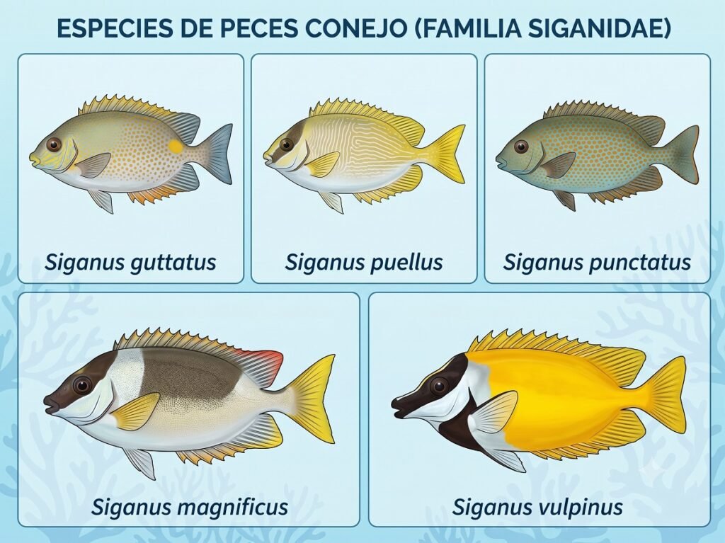 Infografía educativa titulada «ESPECIES DE PECES CONEJO (FAMILIA SIGANIDAE)» que muestra las ilustraciones de cinco especies de siganidos en paneles individuales de color azul claro sobre un fondo marino estilizado. Cada panel exhibe la morfología única de cada espécimen junto a su respectiva clasificación científica: Siganus guttatus (con su mancha dorada característica), Siganus puellus (de franjas verticales amarillas y banda ocular negra), Siganus punctatus (cubierto de finos puntos azulados), Siganus magnificus (con cuerpo blanco, aleta dorsal roja y franja negra en la cabeza) y Siganus vulpinus (el clásico pez cara de zorro de color amarillo intenso).