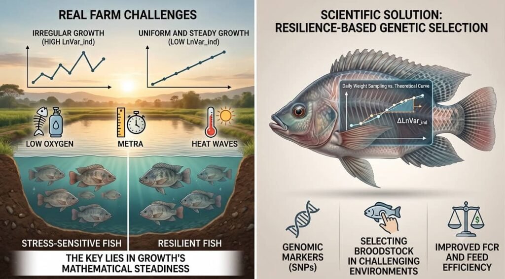 Scientific infographic in English divided into two panels explaining resilience-based genetic selection in Nile tilapia. The left panel, titled "Real Farm Challenges," shows an outdoor aquaculture pond under climate stress conditions like low oxygen and heat waves; it contrasts "Stress-sensitive fish" showing a graph with irregular growth (high LnVar_ind) against "Resilient fish" showing a graph with uniform and steady growth (low LnVar_ind), with a bottom banner stating "The key lies in growth's mathematical steadiness." The right panel, titled "Scientific Solution: Resilience-based Genetic Selection," features a detailed anatomical illustration of a tilapia with a digital screen overlay showing a "Daily Weight Sampling vs. Theoretical Curve" graph ($\Delta$LnVar_ind). The bottom includes three explanatory icons for the breeding program pillars: Genomic Markers (SNPs), Selecting Broodstock in Challenging Environments, and Improved FCR and Feed Efficiency.