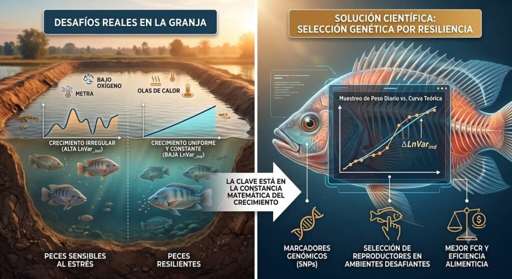 Infografía científica dividida en dos secciones que explica la selección genética de tilapias por resiliencia basada en el estudio científico. El panel izquierdo, titulado "Desafíos reales en la granja", muestra un estanque rústico bajo condiciones de estrés como bajo oxígeno y olas de calor; compara un grupo de "Peces sensibles al estrés" con un gráfico de crecimiento irregular (alta LnVar_ind) frente a "Peces resilientes" con un gráfico de crecimiento uniforme y constante (baja LnVar_ind). El panel derecho, titulado "Solución científica: Selección genética por resiliencia", presenta la ilustración detallada de una tilapia con un gráfico digital superpuesto en su cuerpo que compara el muestreo de peso real frente a una curva teórica ideal (Delta LnVar_ind). En la parte inferior se destacan tres iconos con los pilares del estudio: Marcadores genómicos (SNPs), Selección de reproductores en ambientes desafiantes, y Mejor FCR y eficiencia alimenticia.