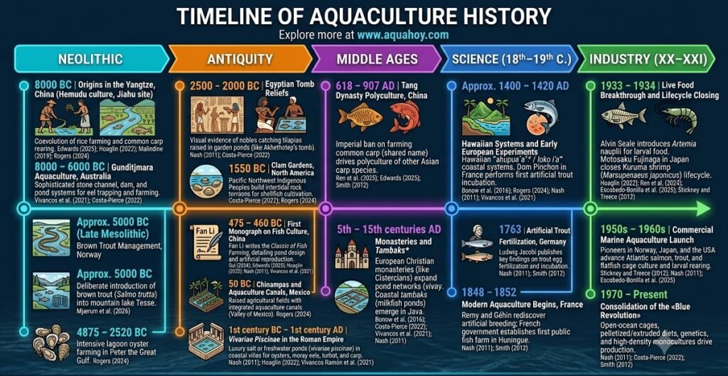 Timeline of the history of aquaculture. Prepared by Gemini.