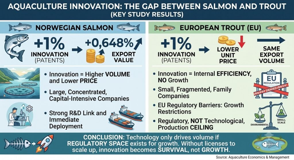 La infografía presenta un análisis comparativo y data-driven sobre cómo la inversión en innovación (patentes) impacta de manera dispar en la performance exportadora de dos sectores acuícolas. Imagen elaborada por Gemini.