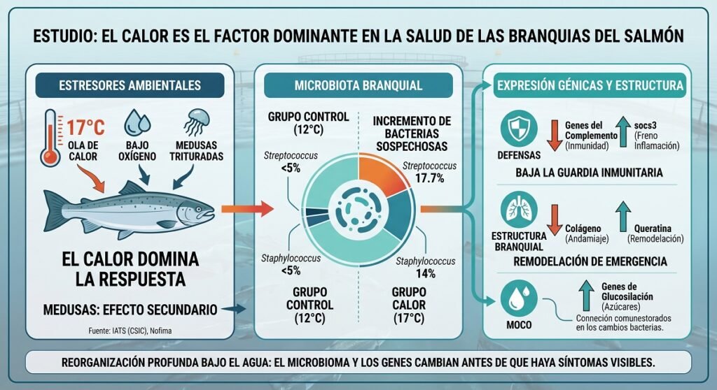 El calor es el factor dominante en la salud de las branquias del salmón. Elaborado por Gemini.