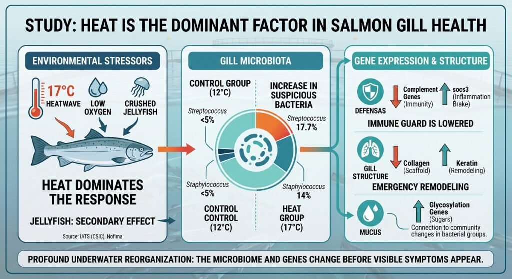 Heat is the overriding factor influencing salmon gill health. Prepared by Gemini.