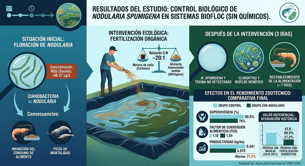 La fertilización orgánica puede controlar las floraciones de cianobacterias en los estanques camaroneros. Imagen elaborada por Gemini.