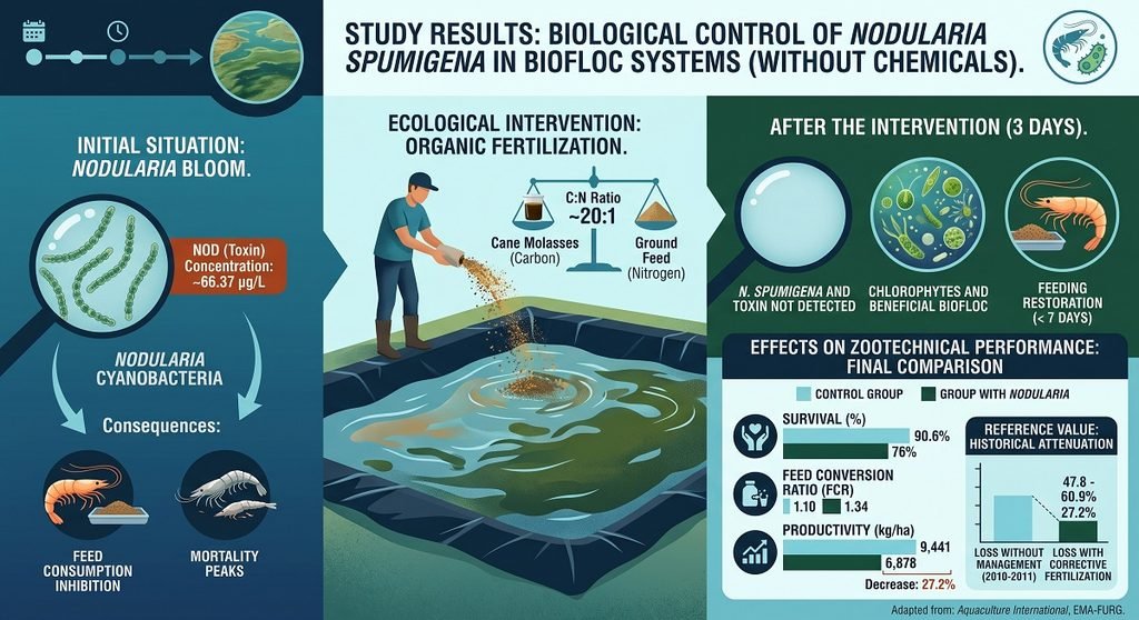 Organic fertilization effectively controls cyanobacterial blooms in shrimp aquaculture ponds. Image generated by Gemini.