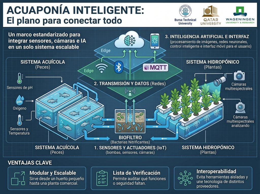 Infografía de la arquitectura de referencia para acuaponía inteligente: integración de sensores IoT, cámaras multiespectrales e inteligencia artificial en un sistema modular y escalable.