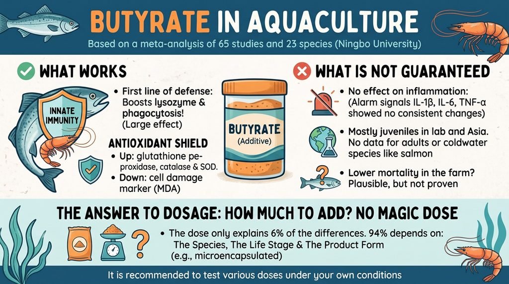 Infografía científica sobre el impacto del butirato en dietas acuícolas para peces y camarones según meta-análisis de Ningbo University.