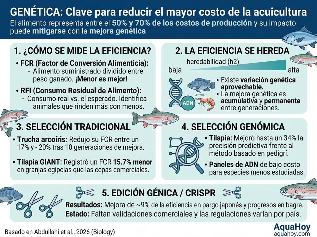 La infografía sintetiza los hallazgos de la revisión científica desarrollada por Abdullahi et al. (2026) en la revista Biology, destacando cómo el mejoramiento genético permite mitigar el costo del alimento balanceado, rubro que absorbe entre el 50 % y el 70 % del presupuesto productivo en granjas acuícolas. El recurso desglosa de manera didáctica las principales métricas zootécnicas —incluyendo el factor de conversión alimenticia (FCR) y el consumo residual de alimento (RFI)—, a la vez que esquematiza la base de heredabilidad genética acumulativa entre generaciones. Asimismo, la pieza gráfica contrasta los avances tangibles logrados mediante programas de selección tradicional —como la reducción de hasta 20 % en el FCR de trucha arcoíris tras 10 generaciones o la ganancia de 15,7 % en tilapia GIANT— con la precisión predictiva de la selección genómica asistida por paneles de ADN de bajo costo. Finalmente, resume las pruebas de concepto iniciales en edición génica con tecnología CRISPR en especies como el pargo japonés y el bagre de canal, advirtiendo sobre la necesidad de validación comercial y armonización regulatoria internacional.