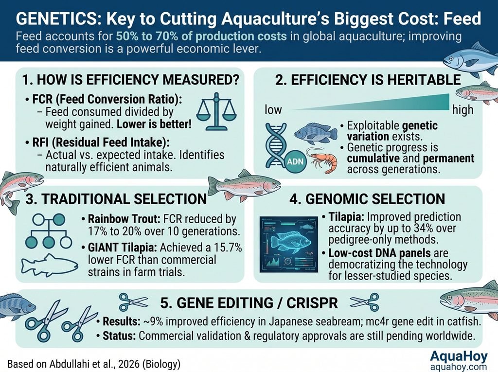 The infographic synthesizes the findings of the scientific review by Abdullahi et al. (2026) published in the journal Biology, highlighting how genetic improvement can mitigate commercial feed costs, which account for 50% to 70% of operating budgets on aquaculture farms. The visual resource systematically breaks down key zootechnical metrics—including Feed Conversion Ratio (FCR) and Residual Feed Intake (RFI)—while outlining the foundations of cumulative genetic heritability across generations. Furthermore, the graphic contrasts tangible progress achieved through conventional selective breeding—such as a reduction of up to 20% in rainbow trout FCR after ten generations or a 15.7% gain in GIANT tilapia—with the predictive precision of genomic selection supported by low-cost DNA panels. Finally, it outlines early proof-of-concept trials in CRISPR gene editing for species such as red sea bream and channel catfish, highlighting the imperative for commercial validation and international regulatory harmonization.