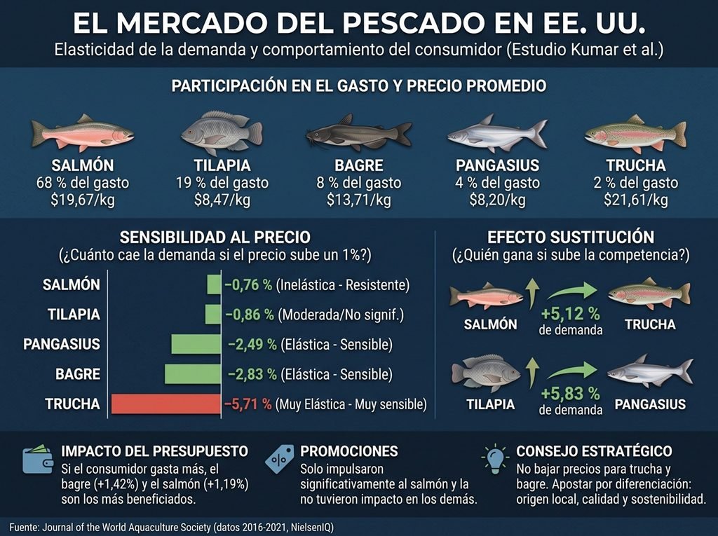 Esta infografía con fondo azul oscuro se divide en cuatro bloques informativos con ilustraciones realistas de peces y gráficos:Participación en el gasto y precio promedio: Muestra al salmón liderando con el 68 % del gasto ($19,67/kg), seguido por la tilapia con 19 % ($8,47/kg), el bagre con 8 % ($13,71/kg), el pangasius con 4 % ($8,20/kg) y la trucha con 2 % ($21,61/kg).Sensibilidad al precio (¿Cuánto cae la demanda si el precio sube un 1 %?): Gráfico de barras horizontal que visualiza la elasticidad. Destaca al salmón como inelástica/resistente (−0,76 %) y a la trucha como muy elástica/muy sensible (−5,71 %). El bagre (−2,83 %) y el pangasius (−2,49 %) son elásticos, mientras que la tilapia (−0,86 %) se etiqueta como moderada/no significativa.Efecto sustitución (¿Quién gana si sube la competencia?): Ilustra con flechas verdes que si el salmón sube de precio, la demanda de trucha aumenta un 5,12 %; y si la tilapia sube de precio, la demanda de pangasius aumenta un 5,83 %.Sección inferior (Hallazgos y Consejos): Tres bloques con iconos que explican: «Impacto del presupuesto» (el bagre [+1,42 %] y el salmón [+1,19 %] se benefician más si el gasto total sube); «Promociones» (solo impulsaron significativamente al salmón y la trucha); y «Consejo estratégico» (no bajar precios para trucha y bagre, apostar por diferenciación de origen, calidad y sostenibilidad). Incluye el pie de página: «Fuente: Journal of the World Aquaculture Society (datos 2016-2021, NielsenIQ)». 