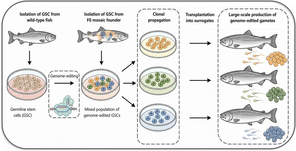 Flujo de trabajo propuesto para la edición genómica mediante células madre de la línea germinal (GSC, por sus siglas en inglés) de salmón atlántico cultivadas *in vitro*. Fuente: Raudstein et al. (2026); Front. Genet. 17:1924271.