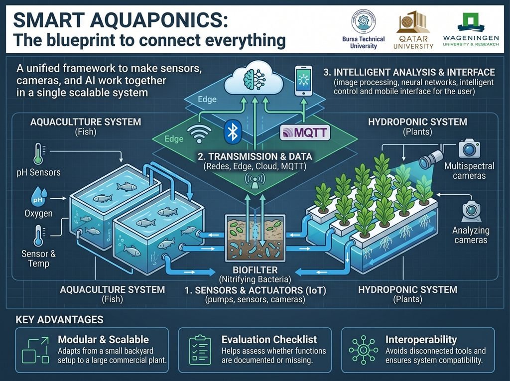Infographic of the reference architecture for smart aquaponics: integrating IoT sensors, multispectral cameras, and artificial intelligence into a modular and scalable system.