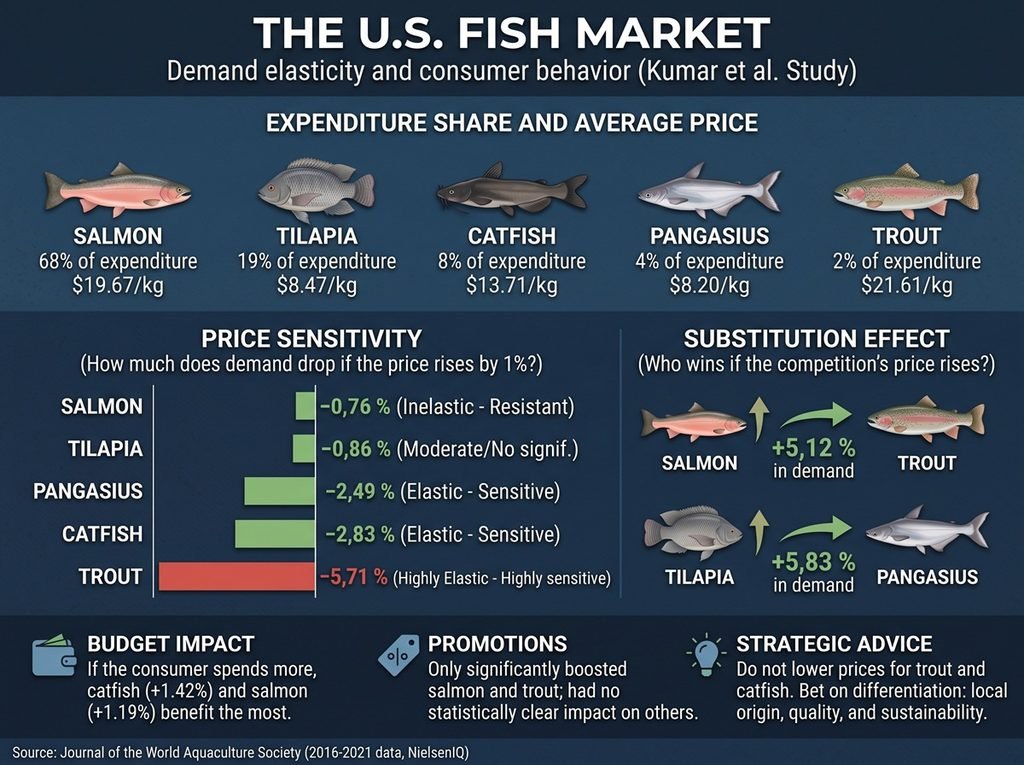 The U.S. Fish Market: Demand Elasticity and Consumer Behavior (Kumar et al. 2026 Study), summarizing the findings of a 5-year market analysis across 67,000 supermarkets for salmon, tilapia, catfish, pangasius, and trout.